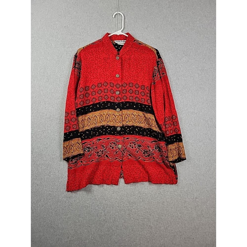 Vtg Sharon Anthony Petite Artsy LS Button Up Lagenlook Rayon Shirt Women's 8